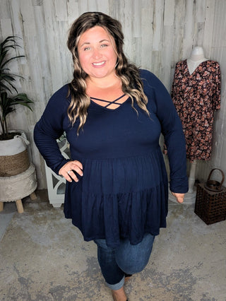 Oaklynn Solid Tiered Top w/Strappy Detail (5 colors)-2- Long Sleeve Tops-BE STAGE-Styled by Stacked - A Plus Size Women's Boutique in Lakeville, MN