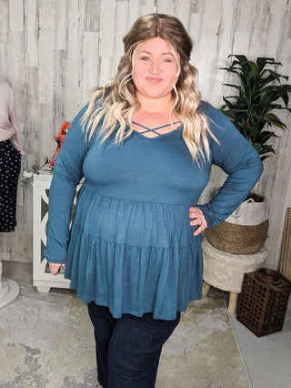 Oaklynn Solid Tiered Top w/Strappy Detail (5 colors)-2- Long Sleeve Tops-BE STAGE-Styled by Stacked - A Plus Size Women's Boutique in Lakeville, MN
