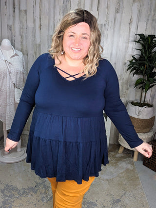 Oaklynn Solid Tiered Top w/Strappy Detail (5 colors)-2- Long Sleeve Tops-BE STAGE-Styled by Stacked - A Plus Size Women's Boutique in Lakeville, MN