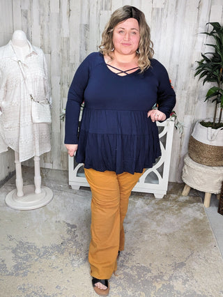 Oaklynn Solid Tiered Top w/Strappy Detail (5 colors)-2- Long Sleeve Tops-BE STAGE-Styled by Stacked - A Plus Size Women's Boutique in Lakeville, MN