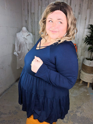Oaklynn Solid Tiered Top w/Strappy Detail (5 colors)-2- Long Sleeve Tops-BE STAGE-Styled by Stacked - A Plus Size Women's Boutique in Lakeville, MN