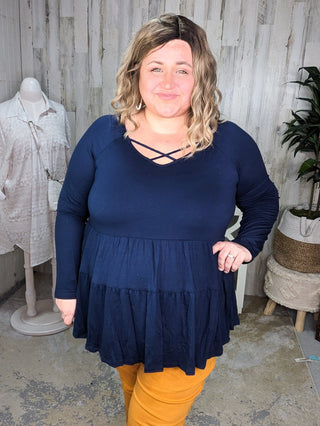 Oaklynn Solid Tiered Top w/Strappy Detail (5 colors)-2- Long Sleeve Tops-BE STAGE-Styled by Stacked - A Plus Size Women's Boutique in Lakeville, MN