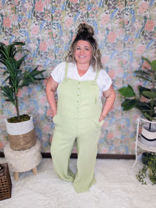 Odessa Muslin Gauze Overalls in Sage Lime-11- Dress/Romp/Jump-WHITE BIRCH-Styled by Stacked - A Plus Size Women's Boutique in Lakeville, MN
