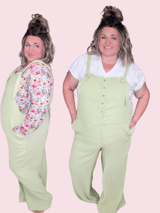 Odessa Muslin Gauze Overalls in Sage Lime-11- Dress/Romp/Jump-WHITE BIRCH-Styled by Stacked - A Plus Size Women's Boutique in Lakeville, MN