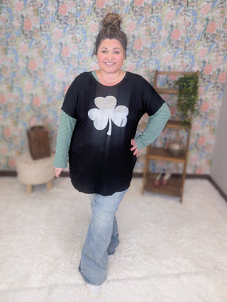 Orla Crewneck Tee w/Large Sparkle Clover (2 Colors)-6- Graphic Tops-HEIMISH-Styled by Stacked - A Plus Size Women's Boutique in Lakeville, MN