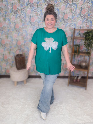Orla Crewneck Tee w/Large Sparkle Clover (2 Colors)-6- Graphic Tops-HEIMISH-Styled by Stacked - A Plus Size Women's Boutique in Lakeville, MN