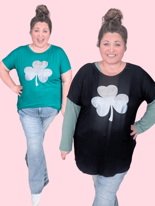 Orla Crewneck Tee w/Large Sparkle Clover (2 Colors)-6- Graphic Tops-HEIMISH-Styled by Stacked - A Plus Size Women's Boutique in Lakeville, MN