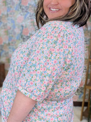 1- ShortSlv/Slvless Tops Palmer Vneck Ditsy Floral Top in Blue plus size clothing
