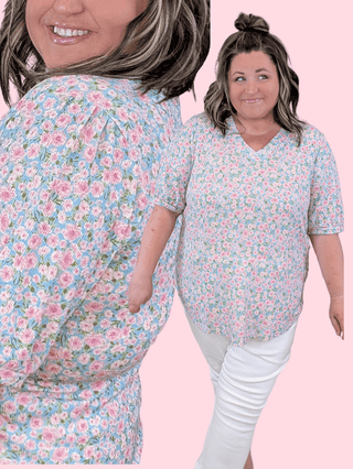 1- ShortSlv/Slvless Tops Palmer Vneck Ditsy Floral Top in Blue plus size clothing