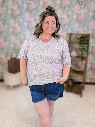 1- ShortSlv/Slvless Tops Palmer Vneck Ditsy Floral Top in Blue plus size clothing
