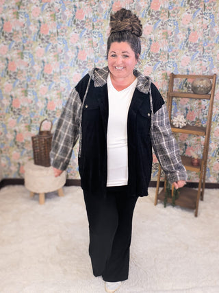 2- Long Sleeve Tops Patricia Black Shirket w/Plaid Sleeves + Hood plus size clothing