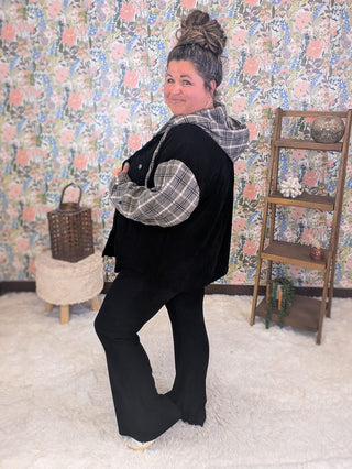 2- Long Sleeve Tops Patricia Black Shirket w/Plaid Sleeves + Hood plus size clothing