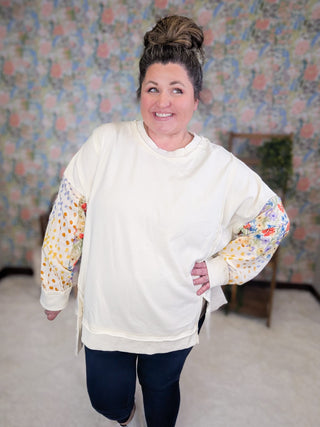 2- Long Sleeve Tops Patti Floral Sleeve Pullover w/Star Back in Cream plus size clothing