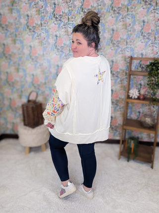 2- Long Sleeve Tops Patti Floral Sleeve Pullover w/Star Back in Cream plus size clothing