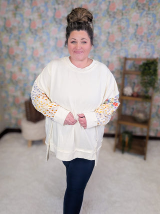 2- Long Sleeve Tops Patti Floral Sleeve Pullover w/Star Back in Cream plus size clothing