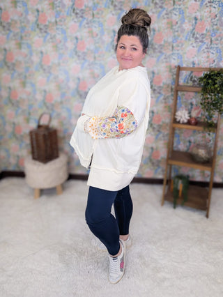 2- Long Sleeve Tops Patti Floral Sleeve Pullover w/Star Back in Cream plus size clothing