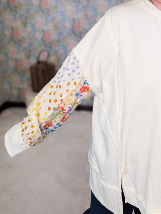 2- Long Sleeve Tops Patti Floral Sleeve Pullover w/Star Back in Cream plus size clothing