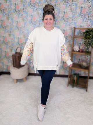 2- Long Sleeve Tops Patti Floral Sleeve Pullover w/Star Back in Cream plus size clothing