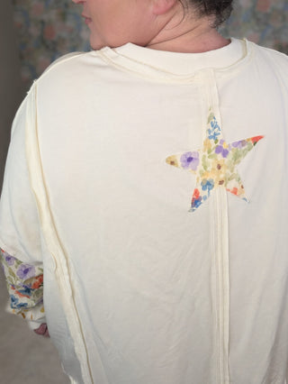 2- Long Sleeve Tops Patti Floral Sleeve Pullover w/Star Back in Cream plus size clothing