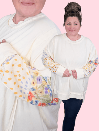 2- Long Sleeve Tops Patti Floral Sleeve Pullover w/Star Back in Cream plus size clothing