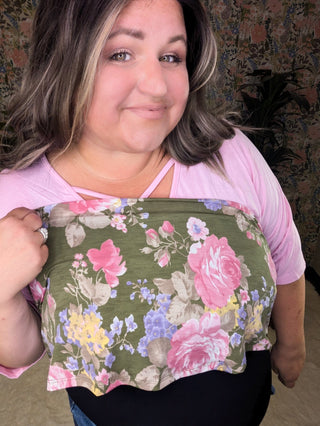 Pauleen Strappy Tiered 3/4 Sleeve in Pink + Olive Floral Colorblock-2- Long Sleeve Tops-VOLL-Styled by Stacked - A Plus Size Women's Boutique in Lakeville, MN