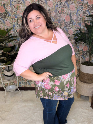 Pauleen Strappy Tiered 3/4 Sleeve in Pink + Olive Floral Colorblock-2- Long Sleeve Tops-VOLL-Styled by Stacked - A Plus Size Women's Boutique in Lakeville, MN