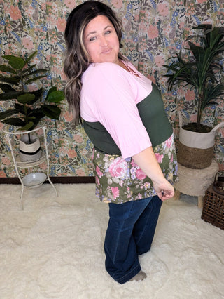 Pauleen Strappy Tiered 3/4 Sleeve in Pink + Olive Floral Colorblock-2- Long Sleeve Tops-VOLL-Styled by Stacked - A Plus Size Women's Boutique in Lakeville, MN