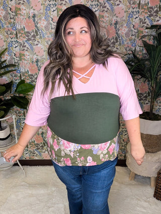 Pauleen Strappy Tiered 3/4 Sleeve in Pink + Olive Floral Colorblock-2- Long Sleeve Tops-VOLL-Styled by Stacked - A Plus Size Women's Boutique in Lakeville, MN
