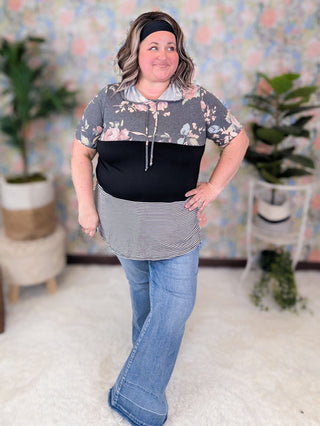 Phaedra Floral + Stripe Colorblock Short Sleeve Hooded Top-1- ShortSlv/Slvless Tops-HEIMISH-Styled by Stacked - A Plus Size Women's Boutique in Lakeville, MN