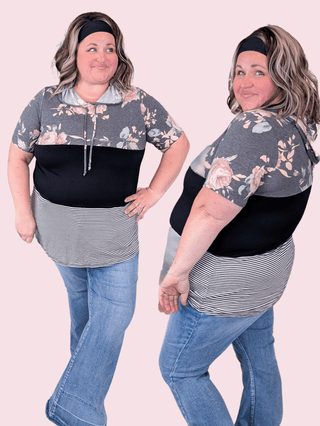 Phaedra Floral + Stripe Colorblock Short Sleeve Hooded Top-1- ShortSlv/Slvless Tops-HEIMISH-Styled by Stacked - A Plus Size Women's Boutique in Lakeville, MN