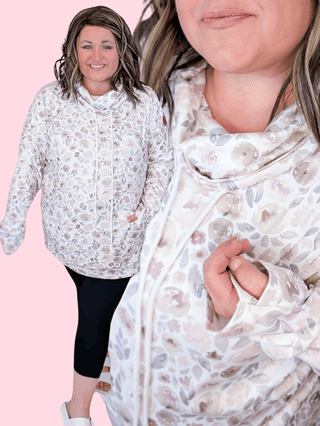 3- Hooded Tops PHC Cloud Funnelneck Pullover in Neutral Watercolor Floral plus size clothing