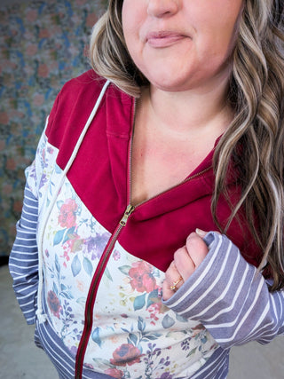 PHC Colorblock Fullzip in Burgundy Bloom & Plum Stripe-3- Hooded Tops-MICHELLE MAE-Styled by Stacked - A Plus Size Women's Boutique in Lakeville, MN