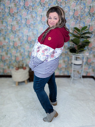PHC Colorblock Fullzip in Burgundy Bloom & Plum Stripe-3- Hooded Tops-MICHELLE MAE-Styled by Stacked - A Plus Size Women's Boutique in Lakeville, MN