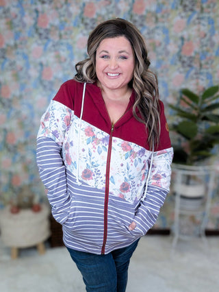 PHC Colorblock Fullzip in Burgundy Bloom & Plum Stripe-3- Hooded Tops-MICHELLE MAE-Styled by Stacked - A Plus Size Women's Boutique in Lakeville, MN
