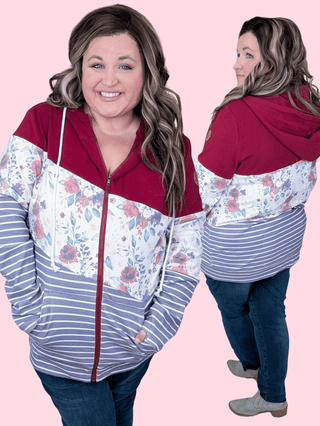 PHC Colorblock Fullzip in Burgundy Bloom & Plum Stripe-3- Hooded Tops-MICHELLE MAE-Styled by Stacked - A Plus Size Women's Boutique in Lakeville, MN