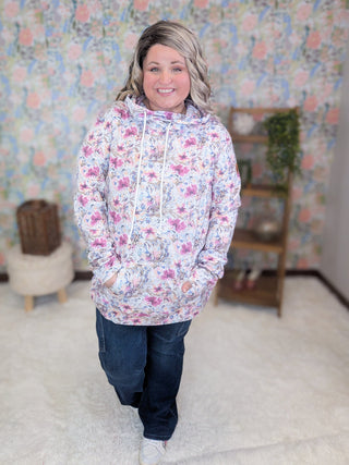 PHC- Ivory + Fuchsia Mix Floral Pullover-3- Hooded Tops-MICHELLE MAE-Styled by Stacked - A Plus Size Women's Boutique in Lakeville, MN