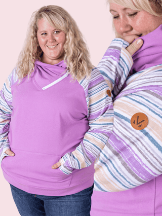 PHC- Mauve Orchid Zipcowl w/Striped Sleeves-3- Hooded Tops-MICHELLE MAE-Styled by Stacked - A Plus Size Women's Boutique in Lakeville, MN