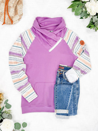 PHC- Mauve Orchid Zipcowl w/Striped Sleeves-3- Hooded Tops-MICHELLE MAE-Styled by Stacked - A Plus Size Women's Boutique in Lakeville, MN