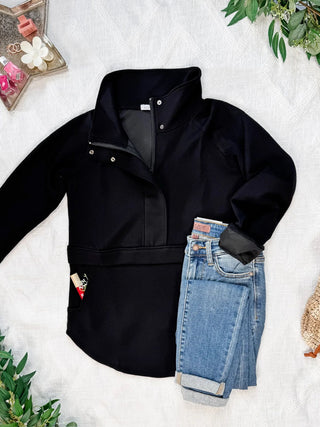 2- Long Sleeve Tops PHC Scuba Halfzip + Snap Pullover in Black plus size clothing