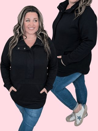 2- Long Sleeve Tops PHC Scuba Halfzip + Snap Pullover in Black plus size clothing