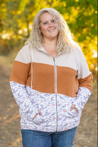 PHC- Triple Stretch Full Zip Hoodie in Camel + Floral Colorblock-3- Hooded Tops-Michelle Mae-Styled by Stacked - A Plus Size Women's Boutique in Lakeville, MN