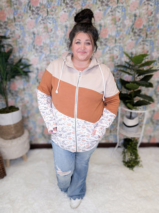 PHC- Triple Stretch Full Zip Hoodie in Camel + Floral Colorblock-3- Hooded Tops-Michelle Mae-Styled by Stacked - A Plus Size Women's Boutique in Lakeville, MN