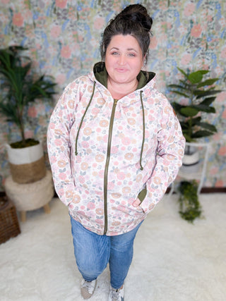 PHC- Triple Stretch Full Zip Hoodie in Pink Retro Floral-3- Hooded Tops-Michelle Mae-Styled by Stacked - A Plus Size Women's Boutique in Lakeville, MN