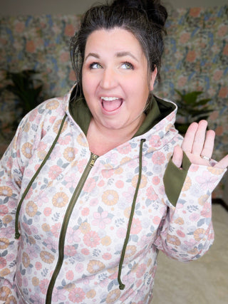 PHC- Triple Stretch Full Zip Hoodie in Pink Retro Floral-3- Hooded Tops-Michelle Mae-Styled by Stacked - A Plus Size Women's Boutique in Lakeville, MN
