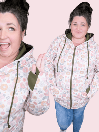 PHC- Triple Stretch Full Zip Hoodie in Pink Retro Floral-3- Hooded Tops-Michelle Mae-Styled by Stacked - A Plus Size Women's Boutique in Lakeville, MN