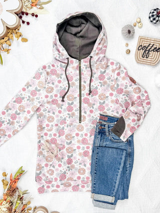 PHC- Triple Stretch Half-Zip Hoodie in Pink Retro Floral-3- Hooded Tops-Michelle Mae-Styled by Stacked - A Plus Size Women's Boutique in Lakeville, MN