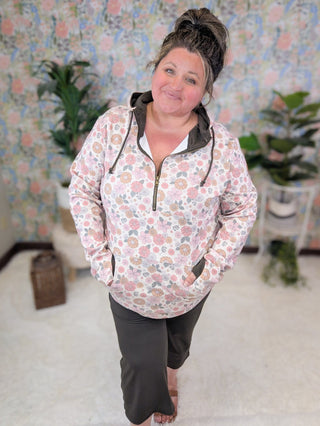 PHC- Triple Stretch Half-Zip Hoodie in Pink Retro Floral-3- Hooded Tops-Michelle Mae-Styled by Stacked - A Plus Size Women's Boutique in Lakeville, MN