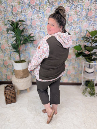 PHC- Triple Stretch Half-Zip Hoodie in Pink Retro Floral-3- Hooded Tops-Michelle Mae-Styled by Stacked - A Plus Size Women's Boutique in Lakeville, MN