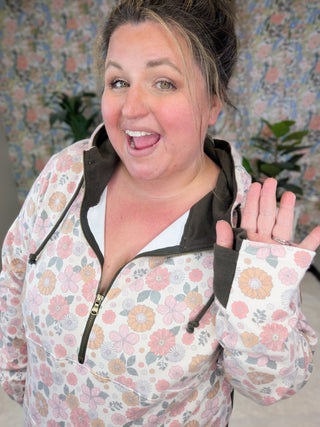 PHC- Triple Stretch Half-Zip Hoodie in Pink Retro Floral-3- Hooded Tops-Michelle Mae-Styled by Stacked - A Plus Size Women's Boutique in Lakeville, MN