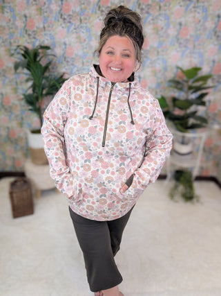 PHC- Triple Stretch Half-Zip Hoodie in Pink Retro Floral-3- Hooded Tops-Michelle Mae-Styled by Stacked - A Plus Size Women's Boutique in Lakeville, MN